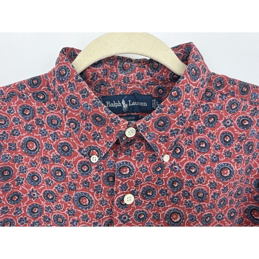Vtg Ralph Lauren Greggor Button Down Shirt Men L Maroon Blue Floral Cotton
